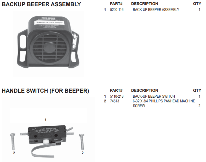 National 2900 Backup Beeper & Handle Switch Assembly
