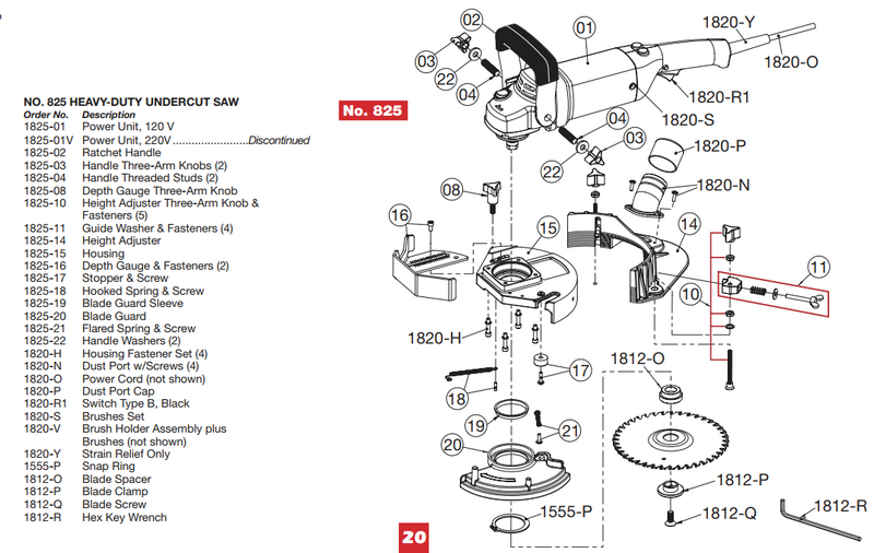 Crain No. 825 Heavy-Duty Undercut Saw Parts