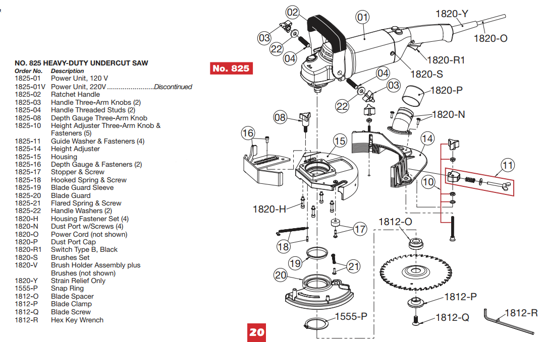 Crain No. 825 Heavy-Duty Undercut Saw Parts
