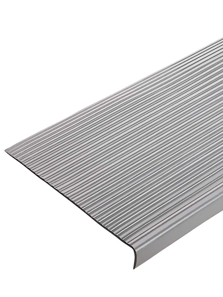 Gray round-profile vinyl stair tread with a ribbed surface and rounded nosing on a white background